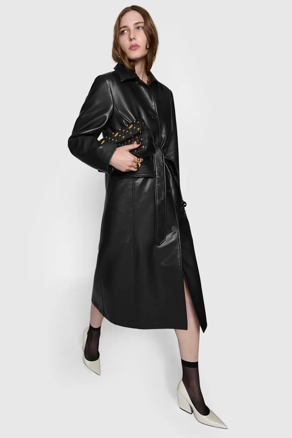 Cheap Rebecca Minkoff Belted Vegan Leather Trench BLACK