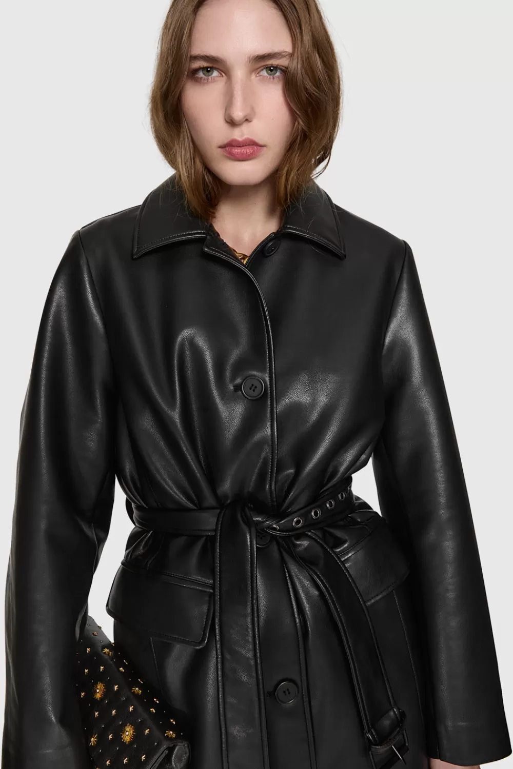 Cheap Rebecca Minkoff Belted Vegan Leather Trench BLACK