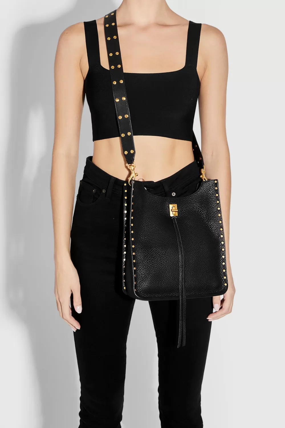 New Rebecca Minkoff Darren Studded Shoulder Strap BLACK