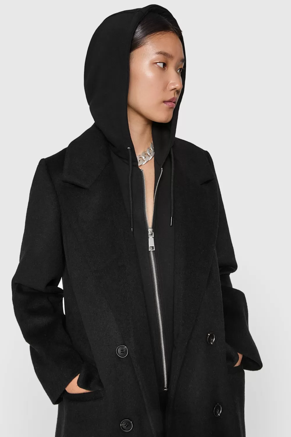 Outlet Rebecca Minkoff Double Breasted Coat With Hoodie Bib BLACK/BLACK