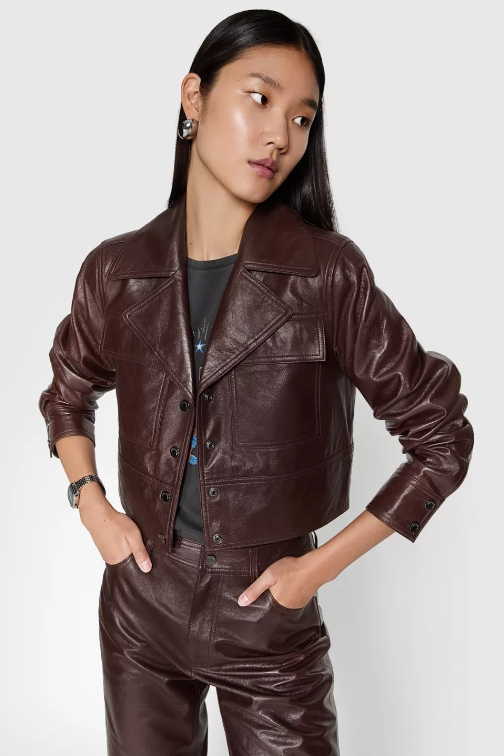 Online Rebecca Minkoff Ryder Cropped Leather Jacket Chestnut